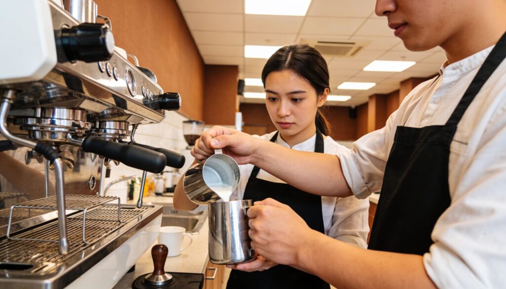 Two trainees steaming milk at an espresso machine