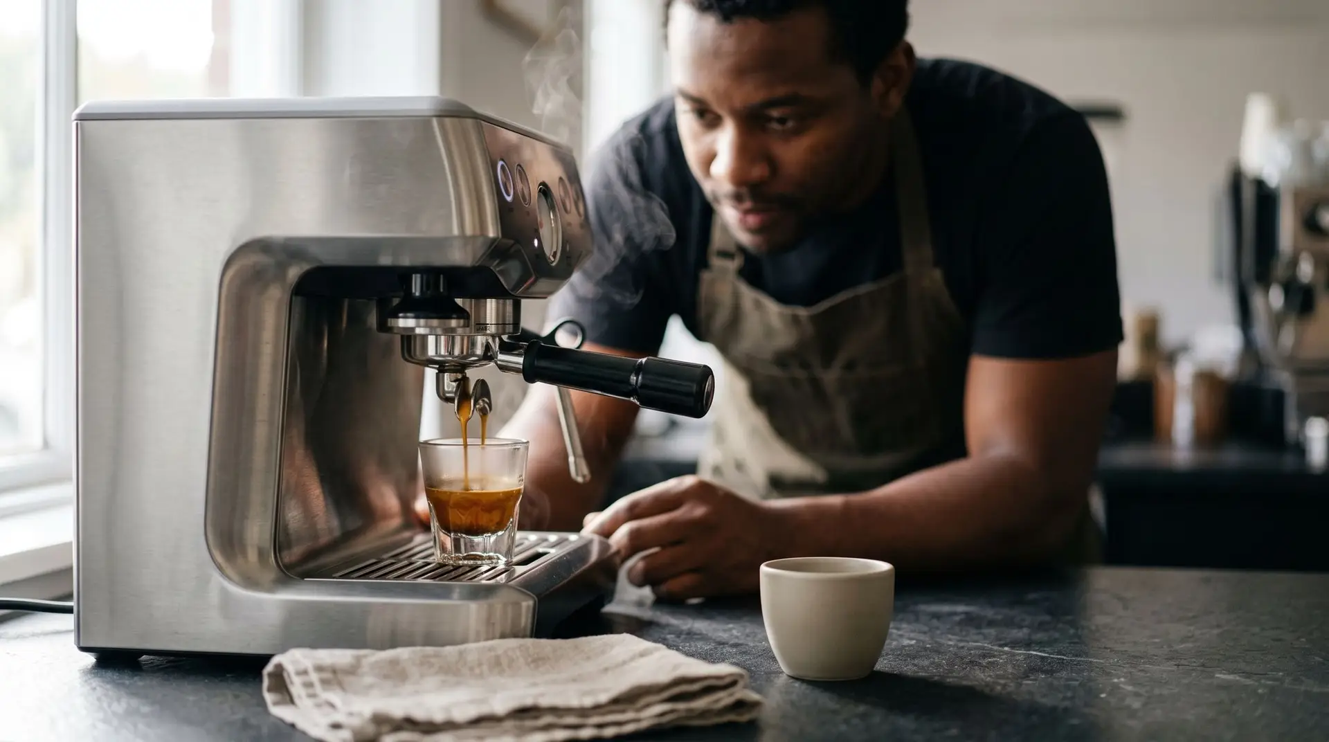 Barista watching espresso pour from a machine into a glass